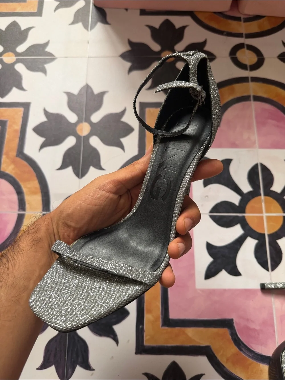 Mango Silver Glitter Ankle-Strap Stiletto Sandals